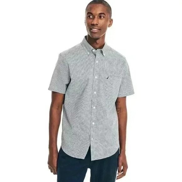 Nautica Mens Blue Plaid Short Sleeve Button Down, Large - Picture 1 of 8